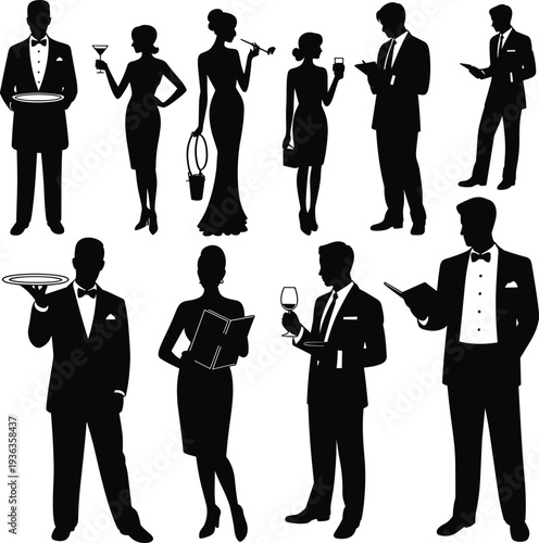 Waiter and waitress silhouettes set, restaurant staff serving drinks and food, hospitality service team, elegant catering professionals illustration