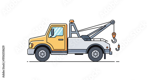 Yellow tow truck with crane and hook, flat design illustration, white background