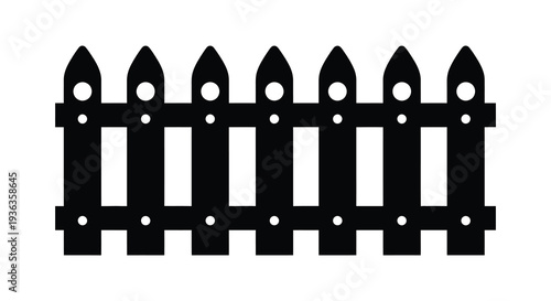 A black and white illustration of a picket fence with a flat distinctive silhouette high quality professional detailed