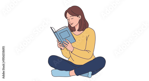 Young Woman Reading Book Sitting Cross-legged, Relaxed and Happy
