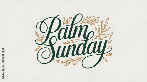 Palm sunday celebration with green text and palm leaves on beige background symbolizing jesus' triumphal entry