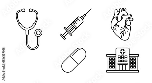 Medical icons including stethoscope, syringe, heart, pill, and hospital building