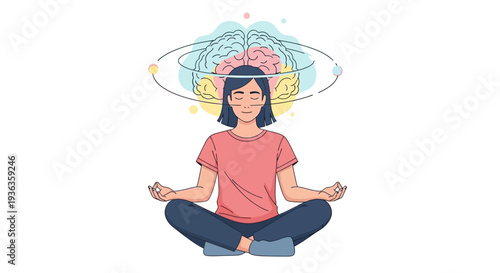 Woman meditating with brain illustration surrounding her head in a serene environment from a front viewpoint