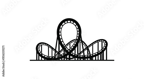A striking black linear illustration depicts a thrilling rollercoaster track against a white background silhouette high quality professional