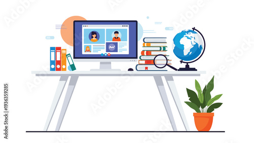 Modern home office workspace setup with a computer showing a video conference call alongside books a globe and office supplies on a desk.