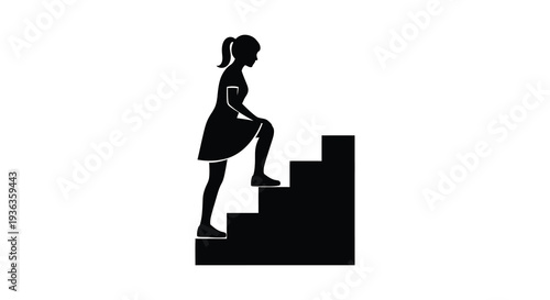 A minimalist black silhouette depicts a woman ascending a staircase symbolizing progress and ambition silhouette high quality professional