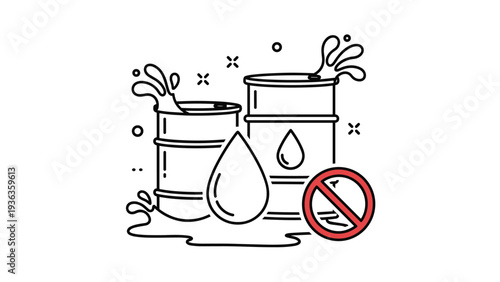 Environmental hazard icon showing leaking oil barrels with a red prohibition sign to emphasize the prevention of petroleum spills and pollution.