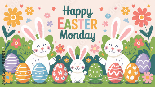 Three white bunnies with colorful easter eggs and flowers on a green lawn with happy easter monday text