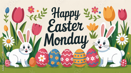 Two white bunnies with colorful easter eggs and flowers on green grass with happy easter monday text