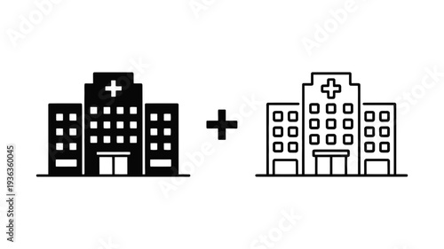 A standard hospital building with a distinct medical cross symbol, presented alongside a separate plus sign.