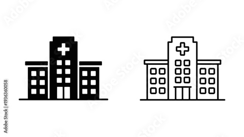 A classic representation of a hospital building featuring a prominent medical cross on its roof structure.