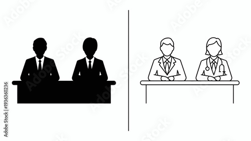 Two professionals, one male and one female medical doctor, seated at a desk, depicted in silhouette and outline form.