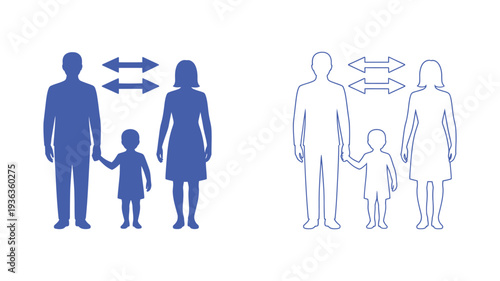 A blue-toned family icon featuring parents and child with social distancing arrows, promoting safety.