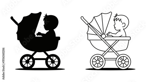 An adorable illustration of a baby comfortably sitting in a classic stroller, ready for an outing.