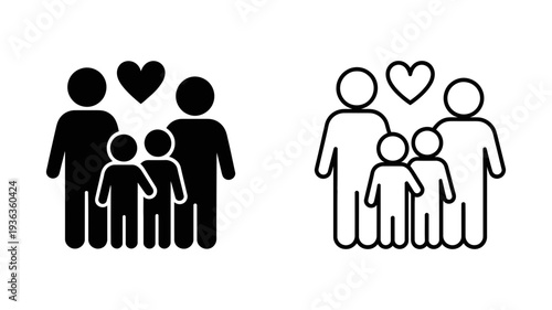 A loving two-parent family with two children, depicted in both solid and outline icon styles.