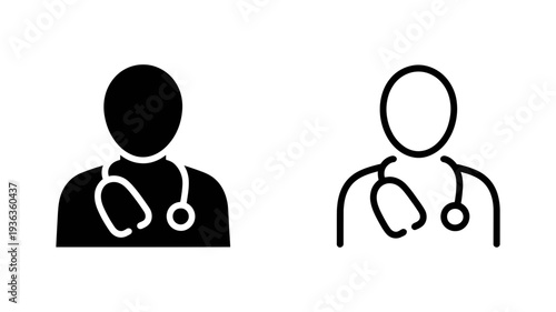 A professional male doctor icon wearing a stethoscope, presented in both solid black and outline styles.