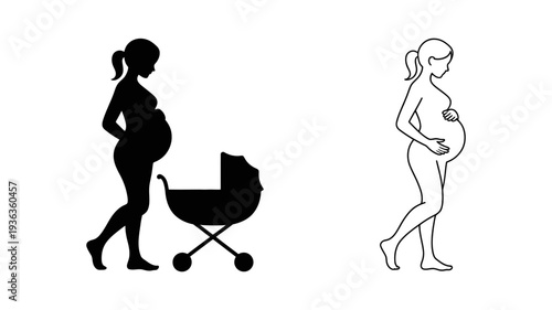A pregnant woman walking gracefully alongside a baby stroller, shown in distinct solid and outline forms.