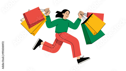 An energetic person gleefully running with multiple vibrant shopping bags after a successful retail spree.