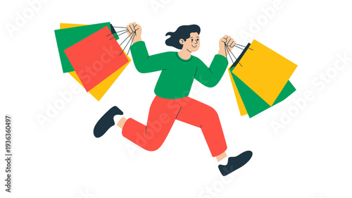 A cheerful individual enthusiastically running with an armful of colorful shopping bags.