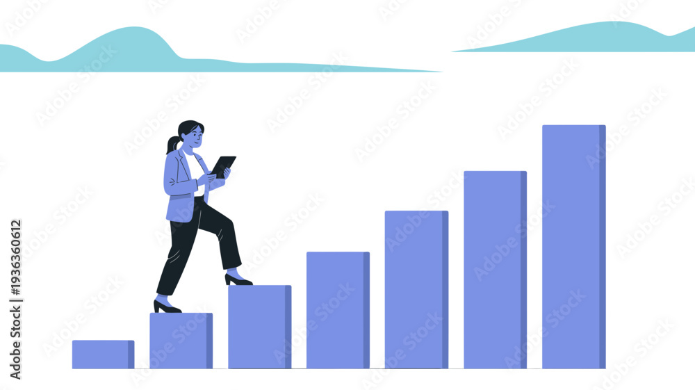 Obraz premium A focused businesswoman ascends an increasing bar graph, utilizing a tablet to track her professional growth.