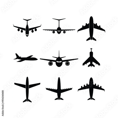 Collection of black airplane silhouettes in various flight perspectives
