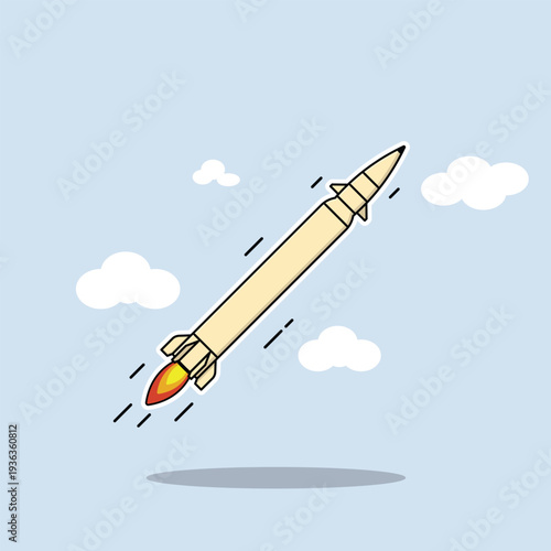 Flat cartoon illustration of a missile icon with clouds on a blue background. Isolated missile sticker.