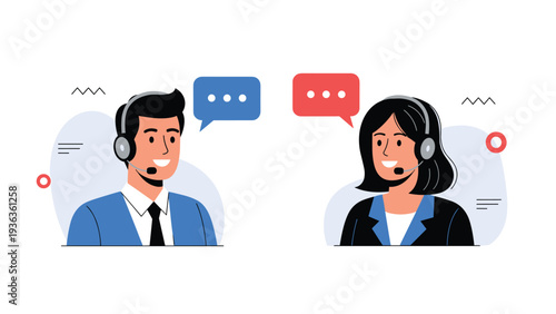 Professional male and female call center representatives wearing headsets and smiling while engaging in a helpful customer service chat.