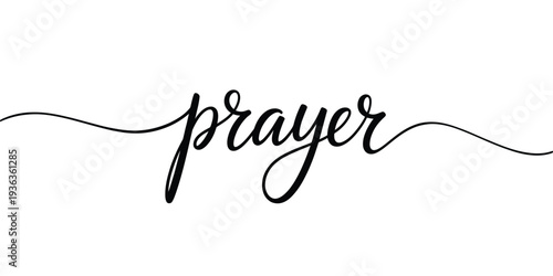 Elegant cursive lettering spells out the word prayer on a white background
