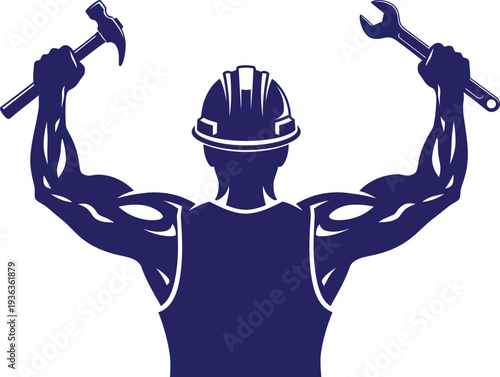 A muscular construction worker with tools