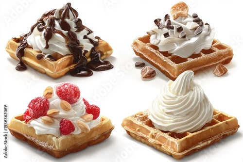 Four square waffles, each topped with a different combination of whipped cream and toppings