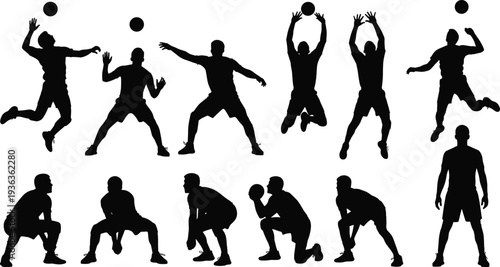 Volleyball Player Silhouettes Collection, Male Athletes Jumping Serving Blocking Isolated on White Background Sports Set