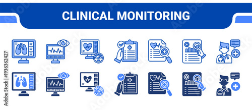 Clinical Monitoring Icon Collection,  featuring Diagnostic Monitoring, Health Monitoring, Vital Check, Clinical Results, Medical Diagnostics, Medical Analysis, Diagnostic Consultation.