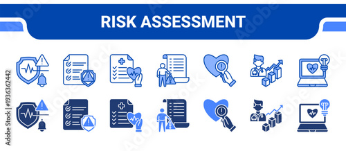 Risk Assessment Icon Collection,  featuring Risk Evaluation, Risk Screening, Health Assessment, Symptom Review, Early Detection, Clinical Evaluation, Health Insight.