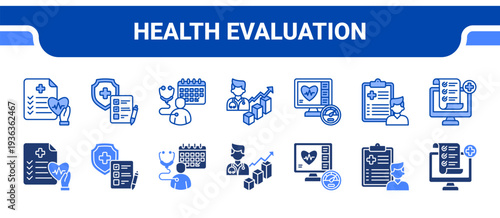 Health Evaluation Icon Collection,  featuring Health Assessment, Health Screening, Routine Checkup, Clinical Evaluation, Vital Check, Patient Intake, Screening Result.