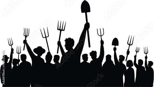 A crowd of people raising gardening tools in a unified celebratory gesture