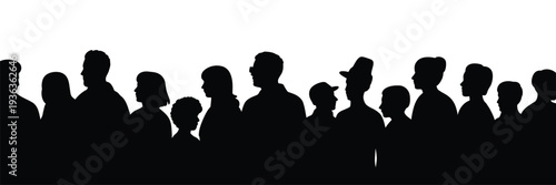 A silhouetted crowd of people stands together against a bright white background