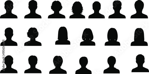 Human Avatar Silhouettes Collection, Male Female Profile Head Icons Isolated on White Background User Portrait Set