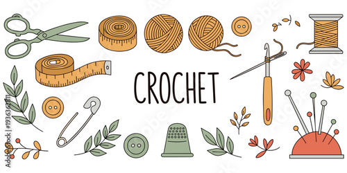 Flat vector illustration of crochet craft tools accessories, yarn scissors buttons thread hook thimble pincushion flowers creative design artwork