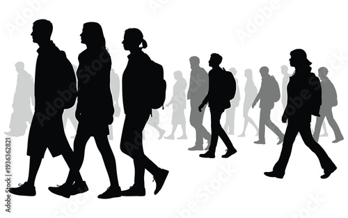 Silhouettes of people walking in a crowd suggesting urban movement and anonymity