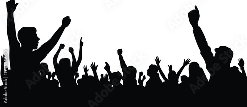 A crowd of silhouetted people raising their arms in a celebratory gesture