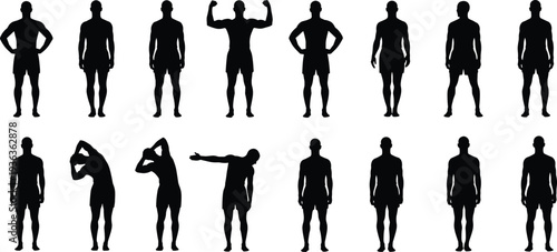 Male Bodybuilder Silhouette Set, Athletic Man Poses Front Side Back Views Isolated on White Background Collection