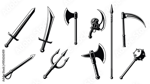 Collection of 10 different medieval weapon silhouettes including swords, axes, a mace, and a scythe for fantasy and historical gaming concepts.