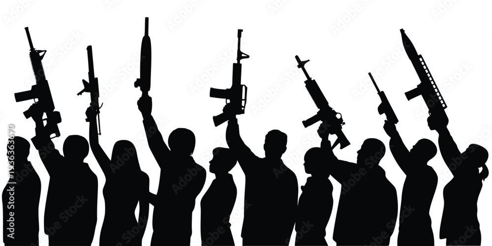 Ταπετσαρία Silhouetted group raising various firearms into the air a dramatic illustration