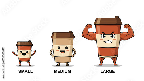 Set of coffee cup characters showing sizes from small to large with the largest being a powerful and muscular cup.
