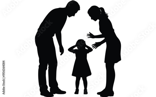 Silhouette of a family with a mother father and child in a tense moment