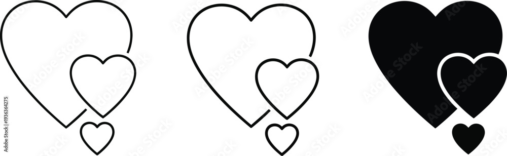 Obraz premium A set of three heart icons in different styles and colors