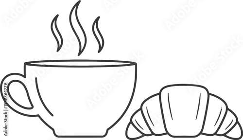 Vector illustration of steaming coffee cup and croissant