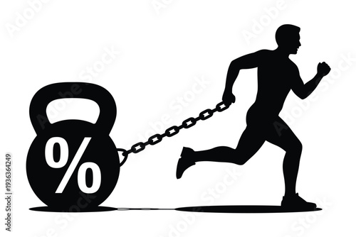 A silhouette of a man running while pulling a kettlebell with a percent sign