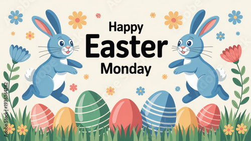 Two blue cartoon bunnies jumping over colorful easter eggs with flowers and greenery celebrating happy easter monday