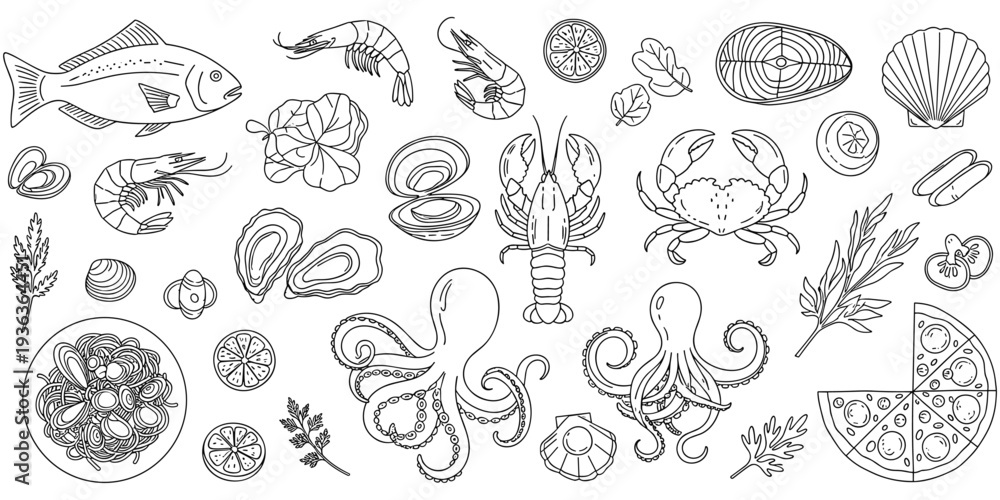 Αυτοκόλλητο Seafood cuisine illustration set, black white line art design, fish shrimp lobst